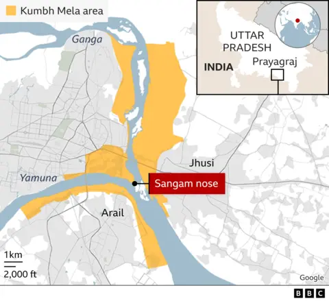 Mahakumbh mela: Tiga puluh terbunuh dalam naksir di festival Kumbh mela India 5 BBC Map Sorot dengan warna kuning area Kumbh Mela Festival dan Hidung Sangam dan di mana ia berada di India