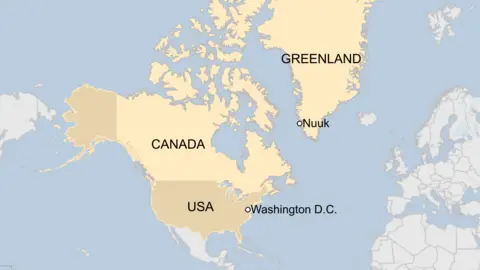 Denmark akan meningkatkan pertahanan Greenland setelah Trump mengulangi keinginannya untuk menguasai AS 3 Peta yang menunjukkan AS, Kanada, dan Greenland